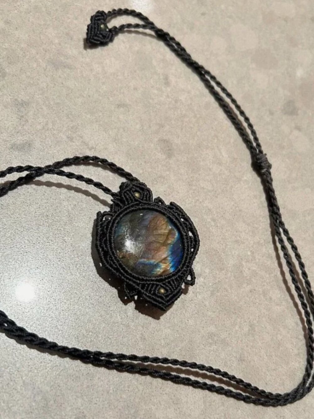 Handmade Natural Labradorite Bohemian Macrame Pendant Adjustable Necklace